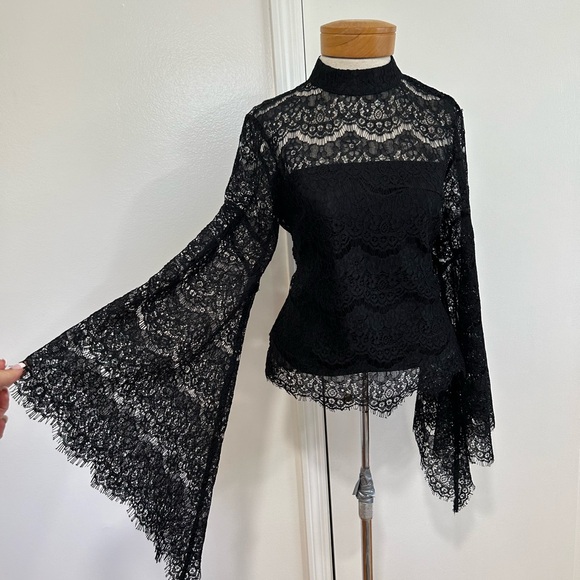 VENUS Tops - VENUS Black Lace High-Neck Bell-Sleeve Blouse